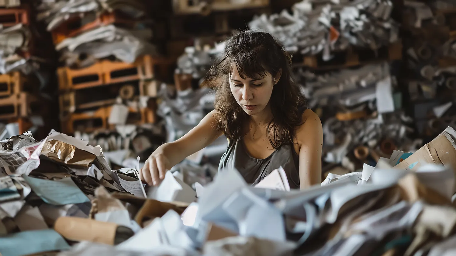 Frau sucht konzentriert in einem überfüllten Archiv voller Papierstapel, symbolisch für Fehler in der Materiallogistik beim Recycling.
